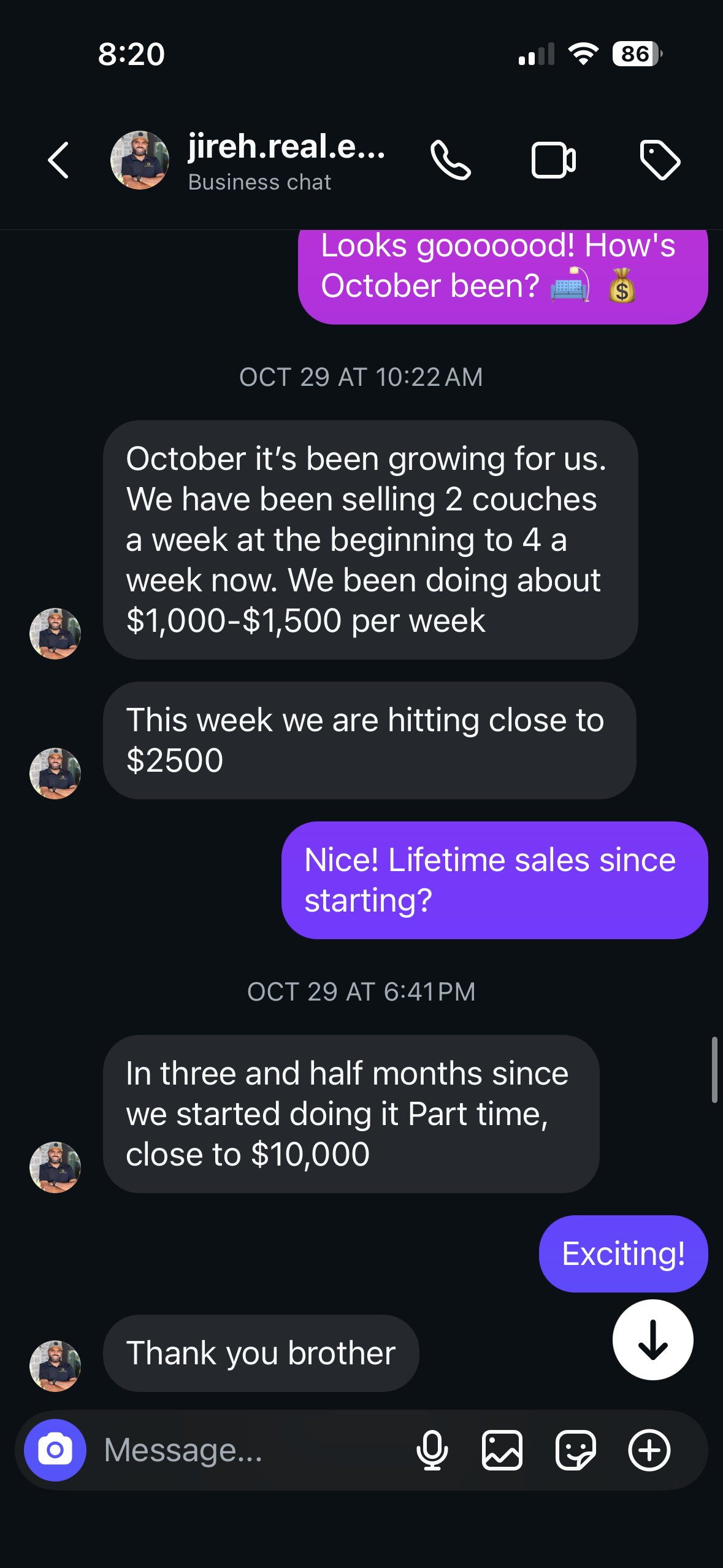 Jireh's messages about going from two couches a week to four