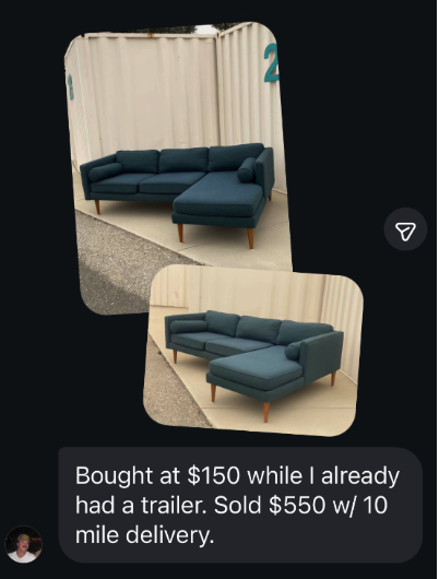 Mike's sectional bought for $150 and sold for $550 with delivery