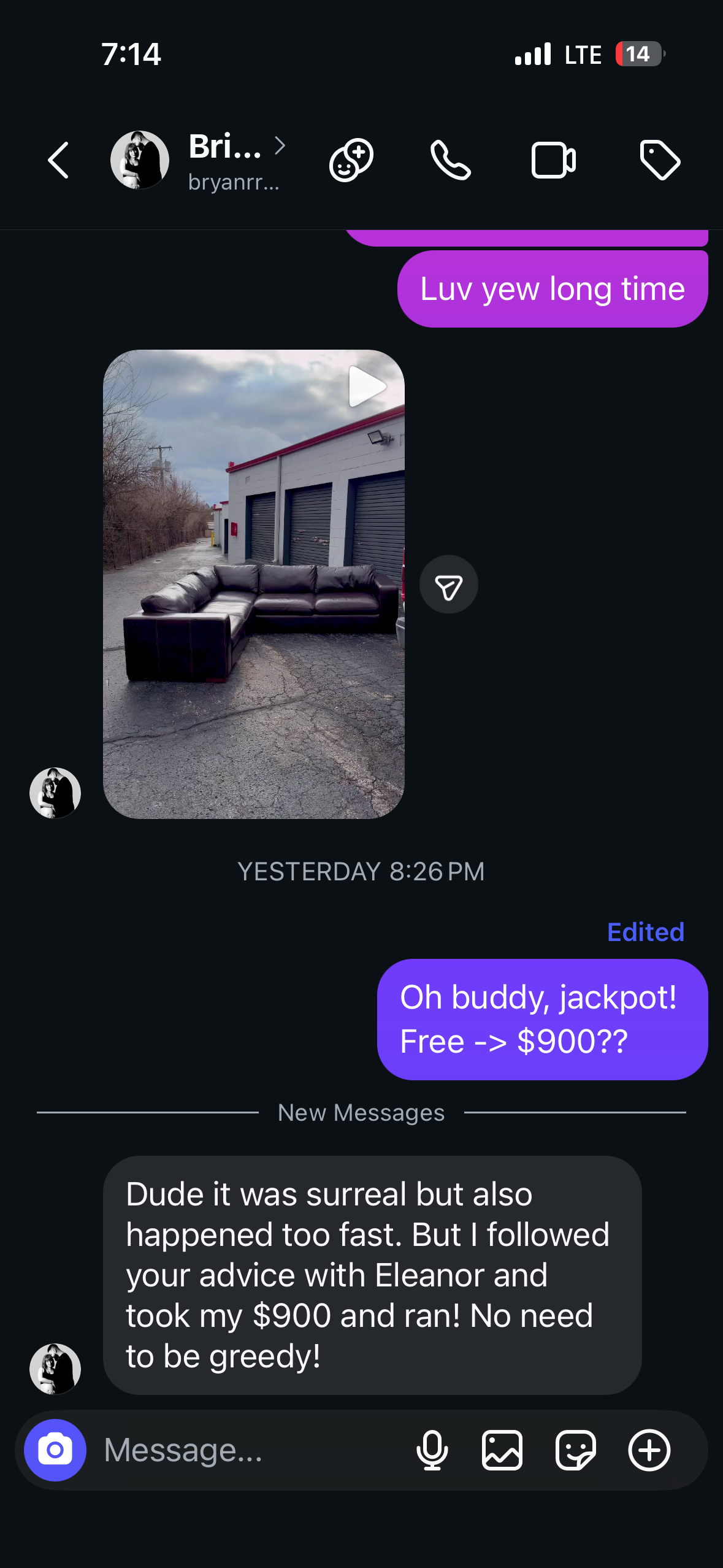 Bryan's message: free couch sold for $900