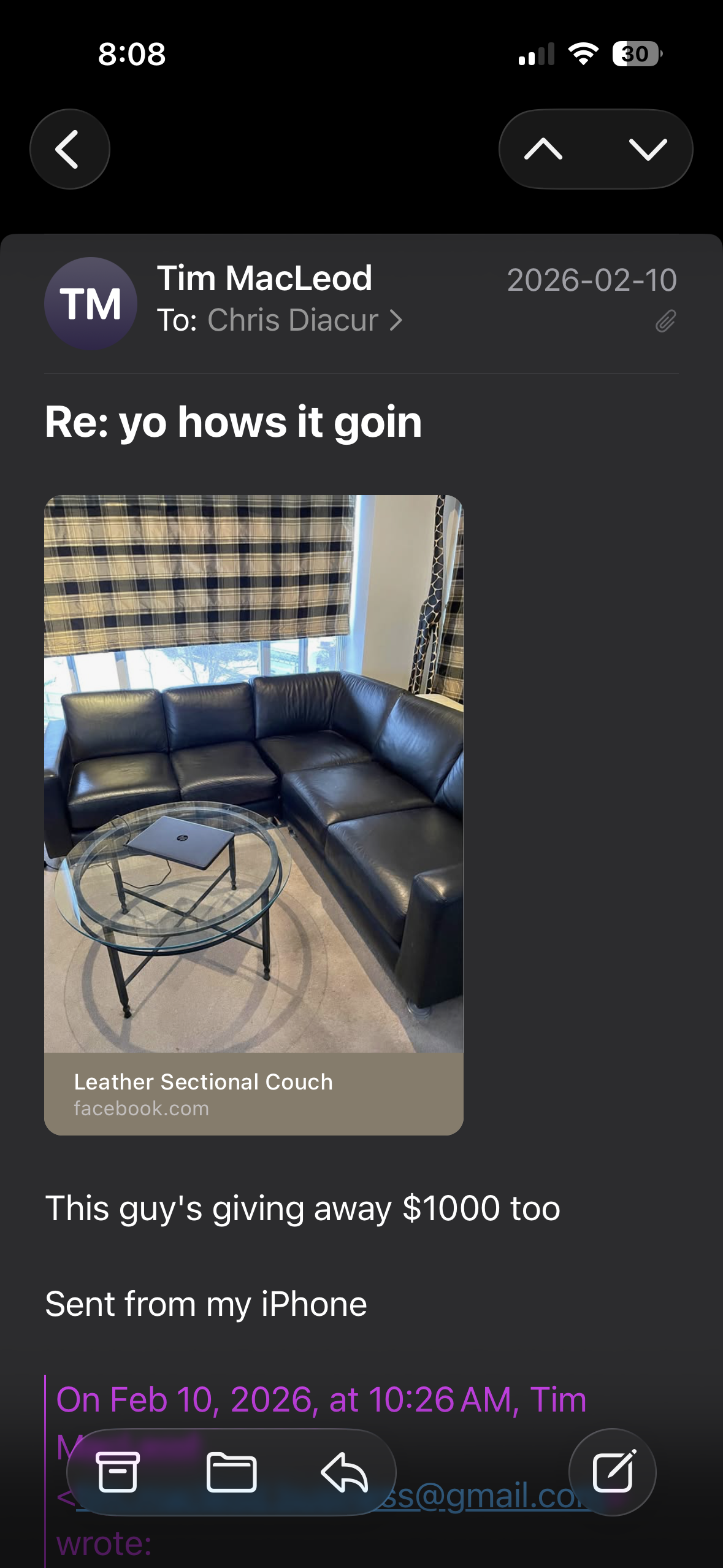 Tim's email to Chris about the leather sectional