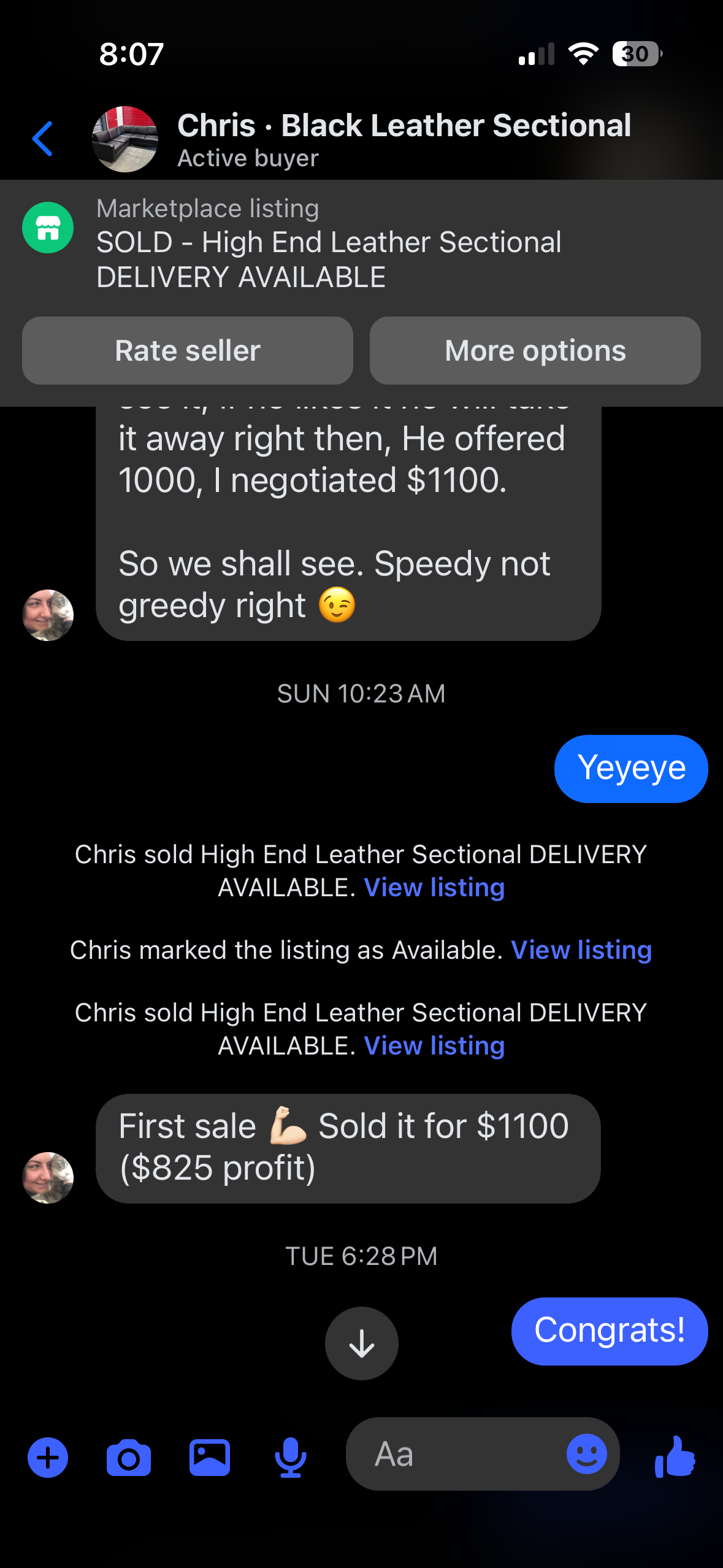 Chris's message: first sale, sold it for $1,100, $825 profit