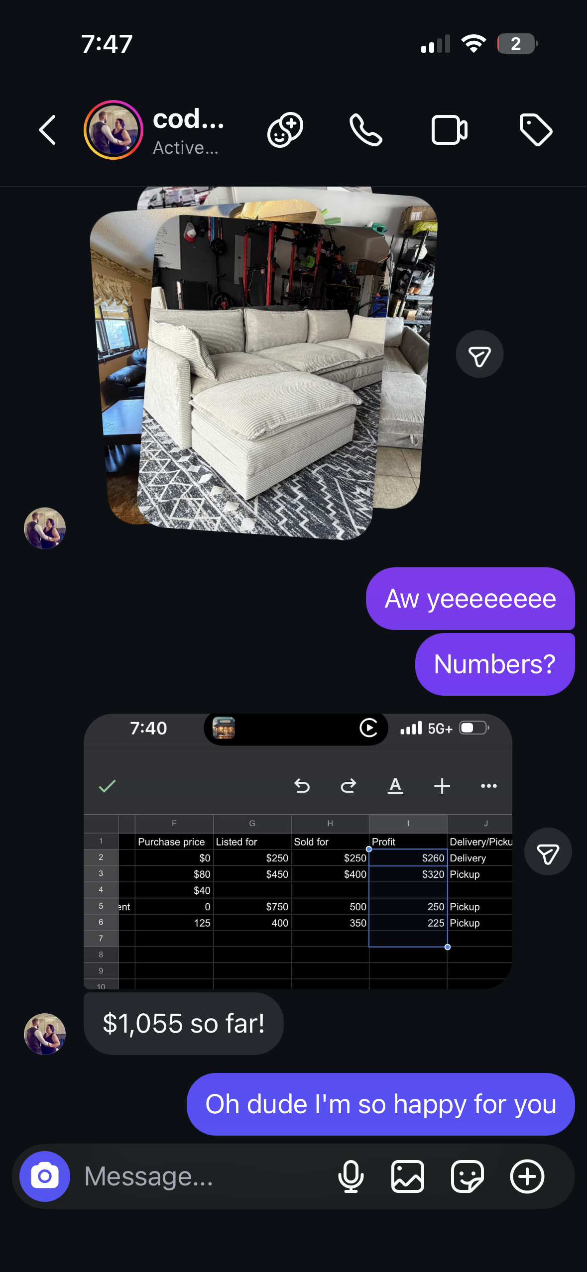 Cody's profit tracker showing $1,055 so far