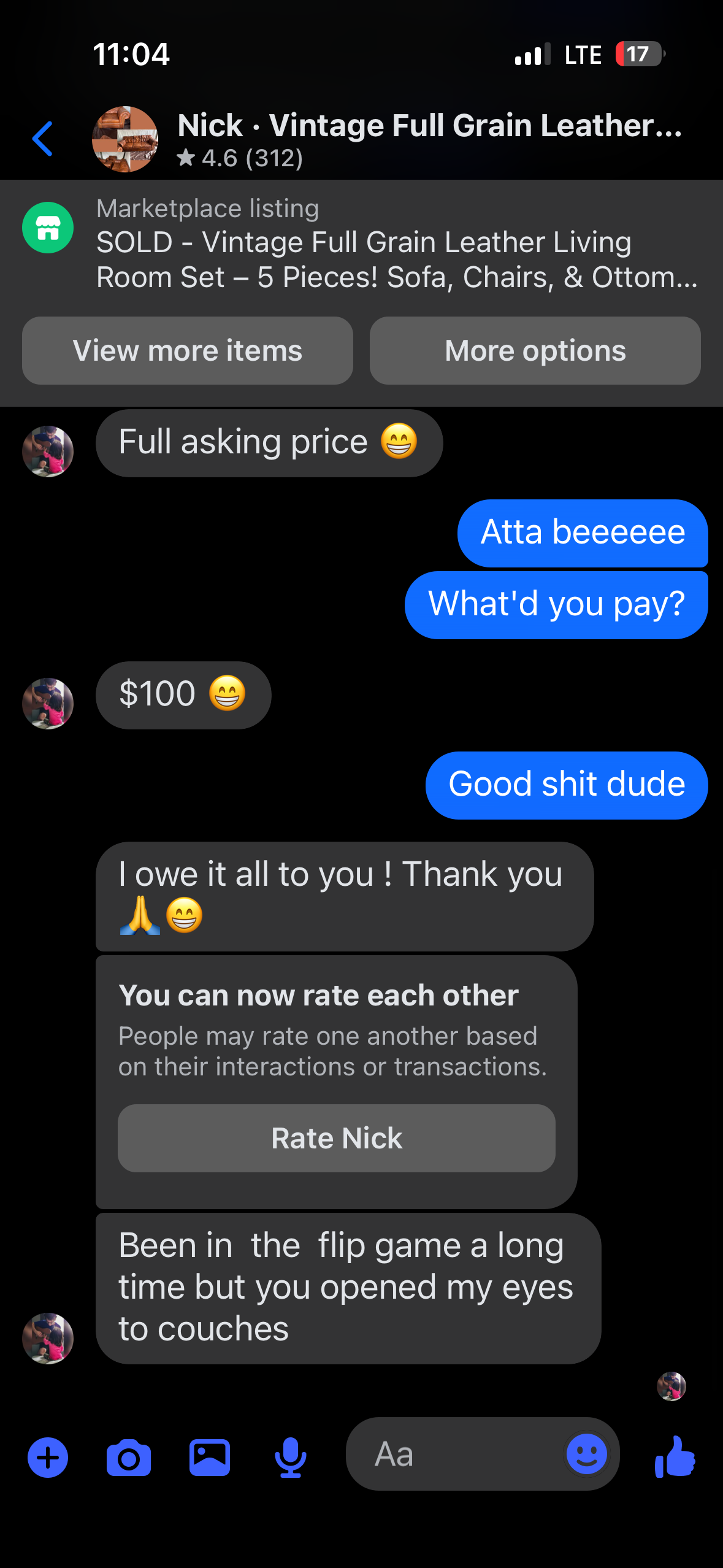 Nick's chat: sold at full asking, paid $100