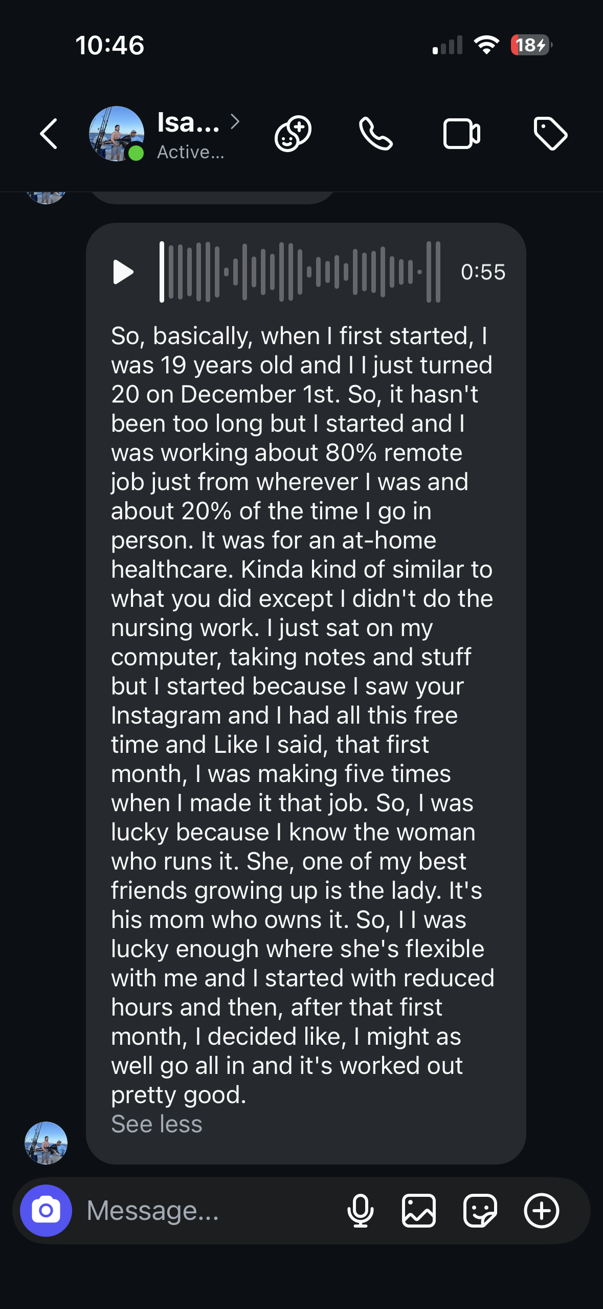Transcript of Isaac's voice note about his first month